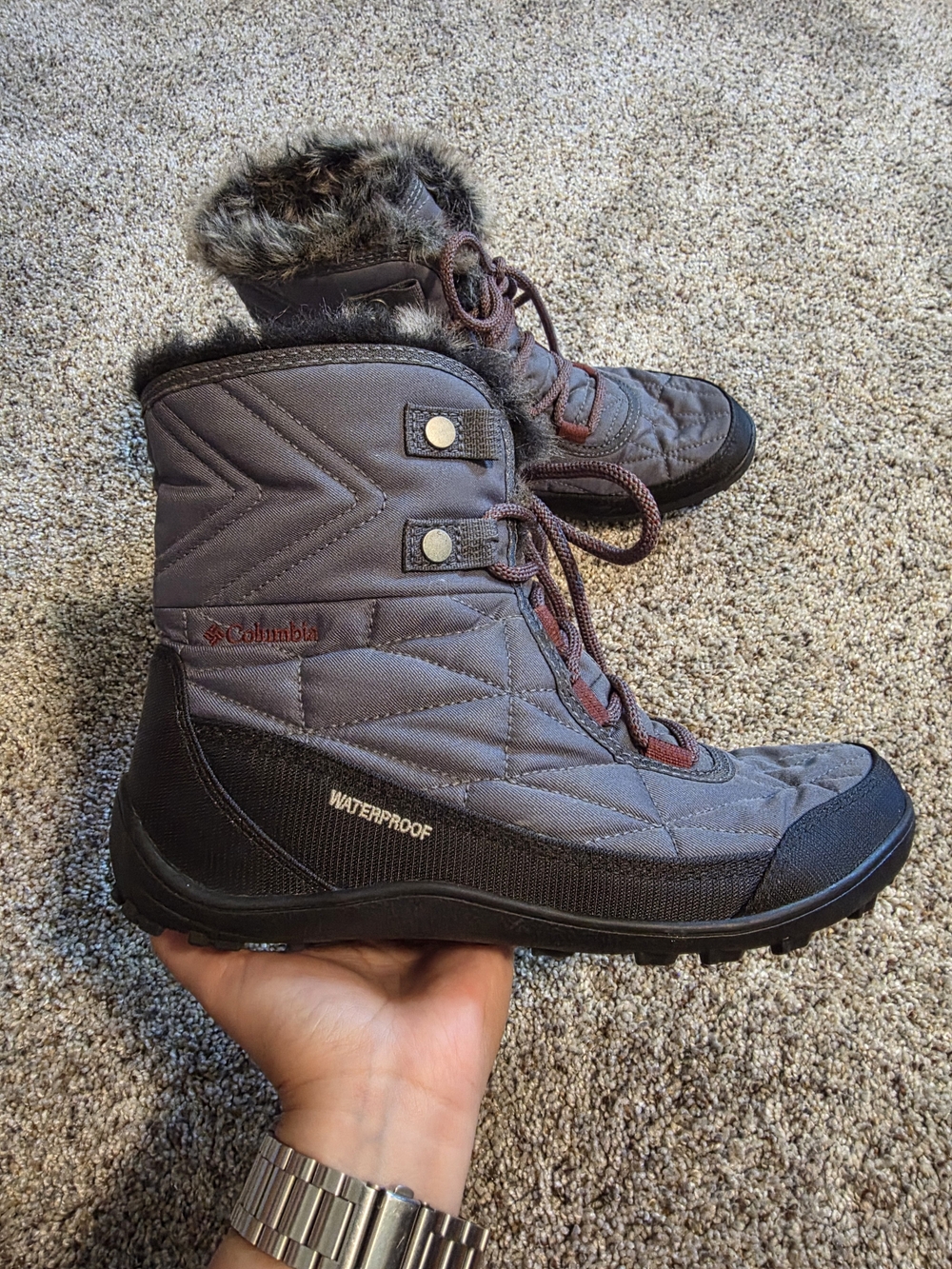 Columbia Women's Gray and Brown Waterproof Winter Lace-Up Boots with Faux Fur